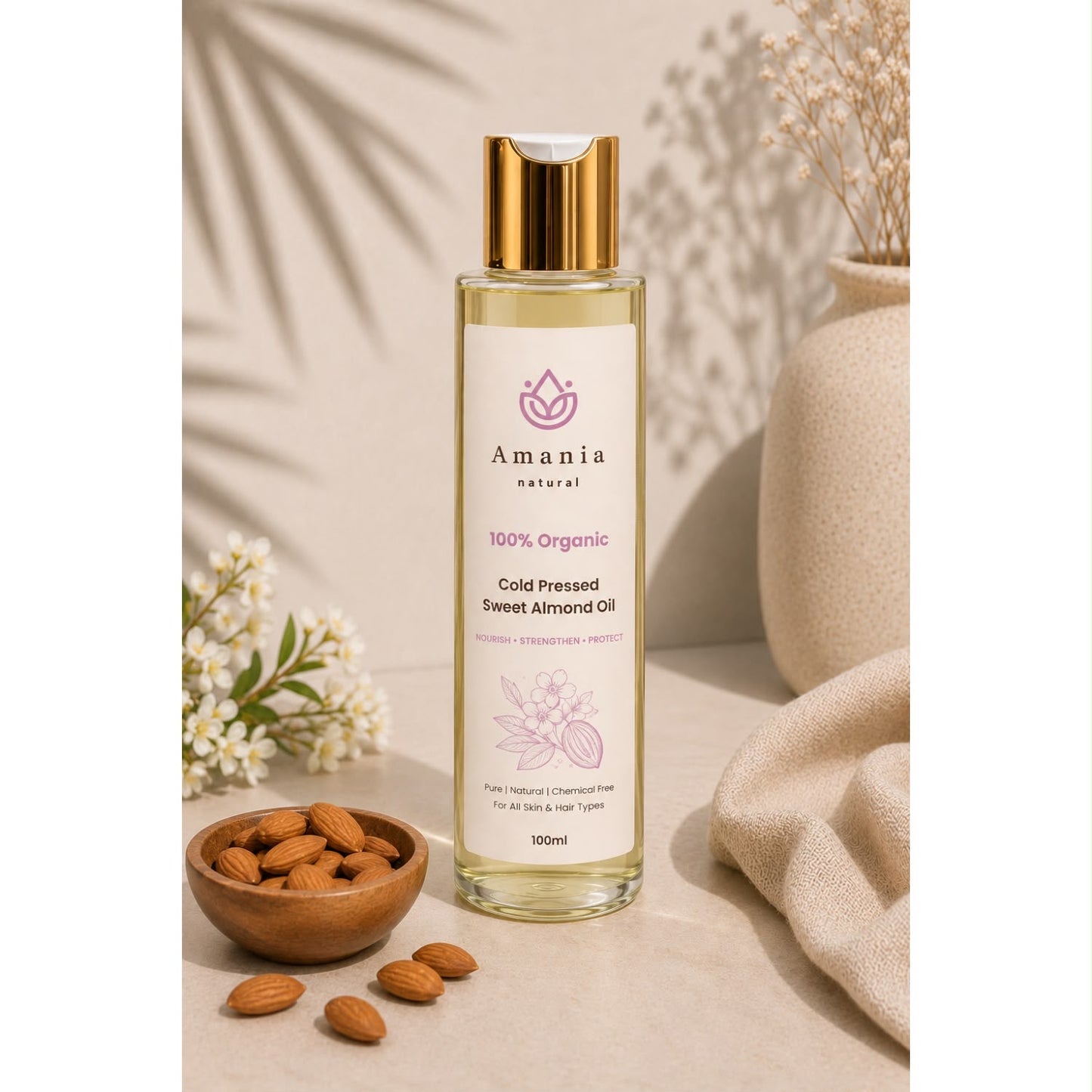 Amania Natural Cold Pressed Sweet Almond Oil – 100% Organic | 100ml